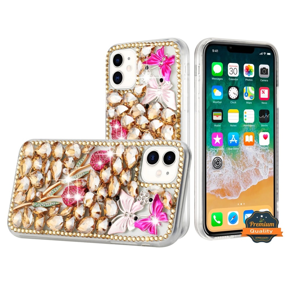 iPhone 14 Gold & Pink 3D Handmade Crystal Tulip Butterfly Protective Phone Case